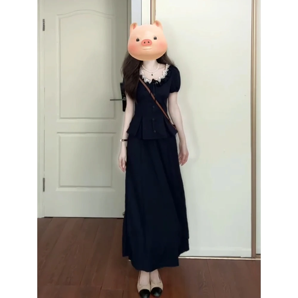 套装女夏季2025新款V领拼接花边上衣+松紧腰伞裙半身裙洋气衣服女