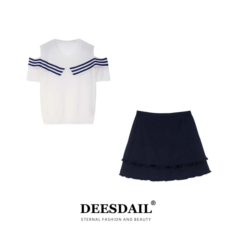 DEESDAIL设计师藏青色条纹露肩上衣波浪边显瘦百搭短裙套装女Z102