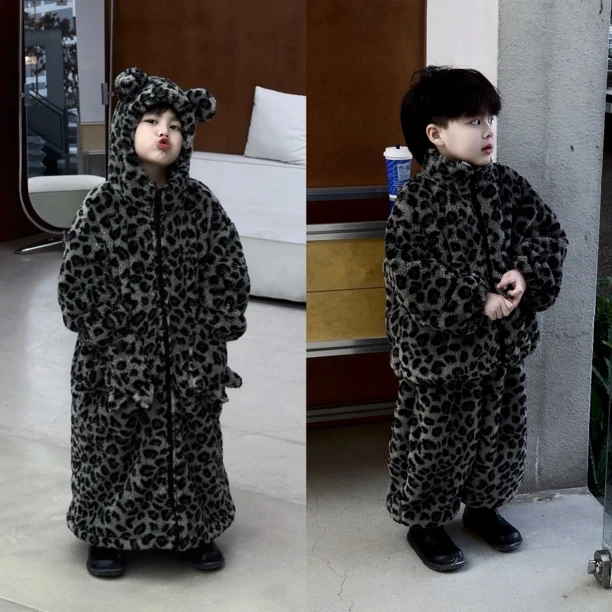 【现货】Jimmy妈童装 亲子时光冬季新款豹纹亲子加绒加厚保暖家居服