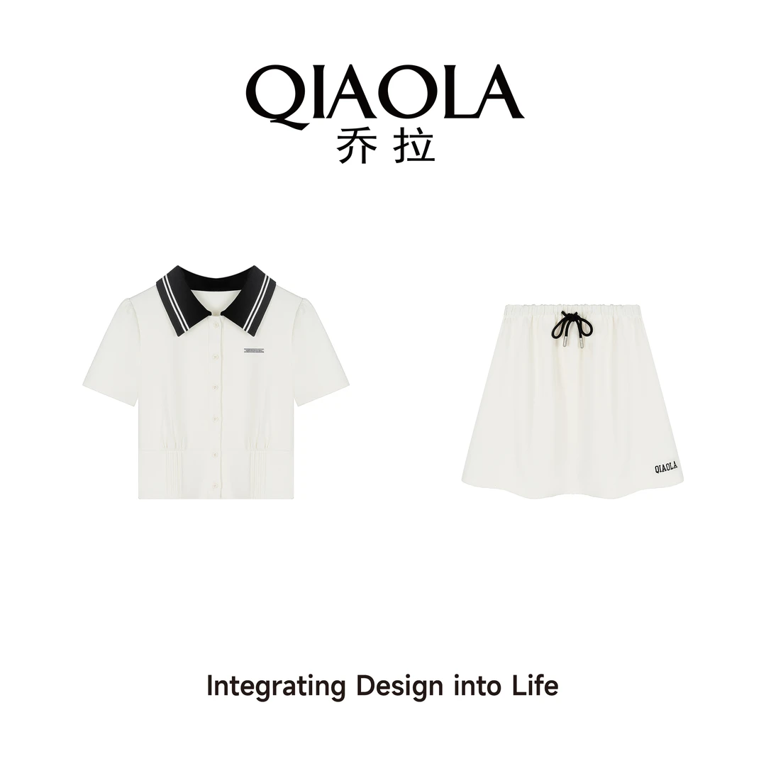 QIAOLA/乔拉【晴日碎片】夏季拼色POLO领绑带休闲减龄时尚套装预售