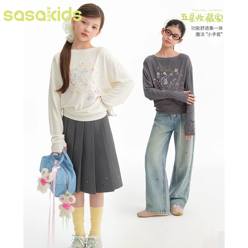 sasakids童话氛围感蝴蝶结烫钻宽松休闲慵懒风印花长袖T恤女童