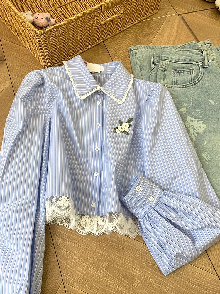韩系小众条纹蓝色衬衫女春季新款高级感蕾丝拼接衬衣气质短款上衣