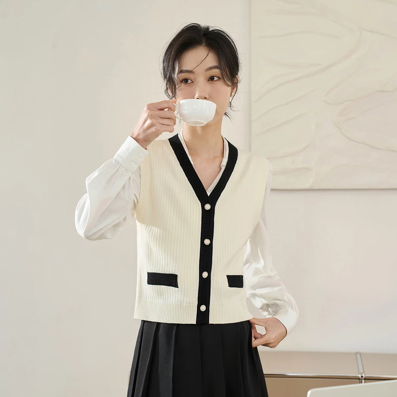 茵曼春秋女毛针织衫开衫无袖新款显瘦修身V领时尚休闲爆款百搭