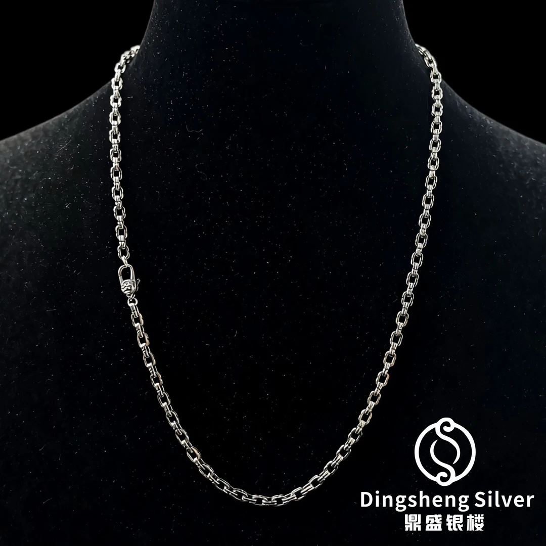 链子925银 雄狮方扣欧美十字项链重工时尚百搭可素戴搭吊坠男复古