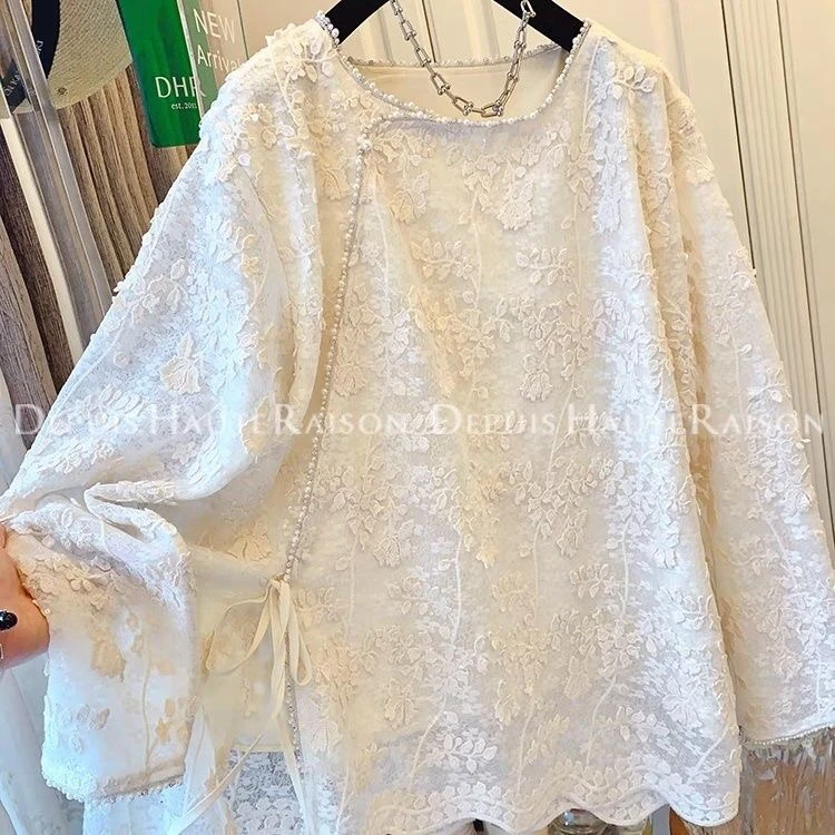 高级好看珍珠蕾丝打底衫衬衫春季新款长袖T恤宽松上衣女内搭小衫