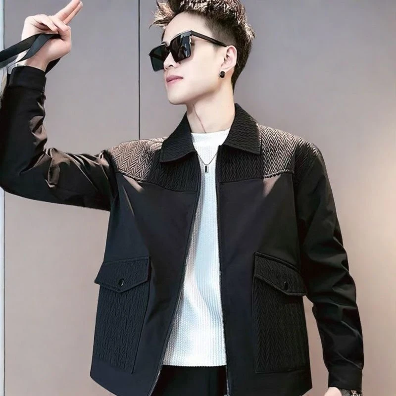 新款春装上衣潮牌痞帅工装外套男春秋季潮流休闲拼接夹克男装