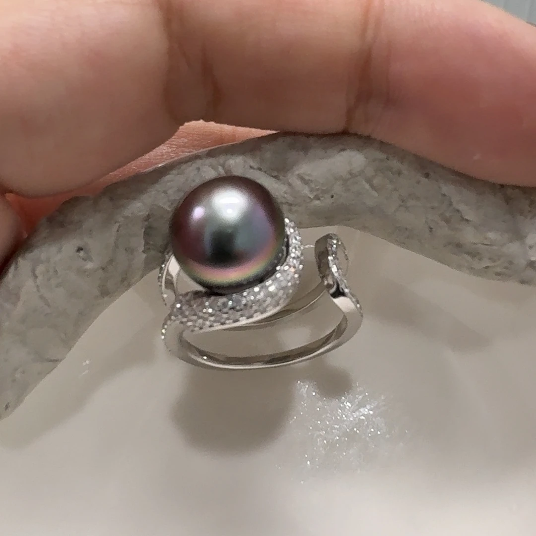 小***皮戒指银S925镶嵌海水珍珠