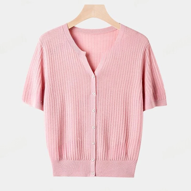 法式洋气高级感短袖针织衫女2025年夏季新款v领显瘦遮肉开衫上衣