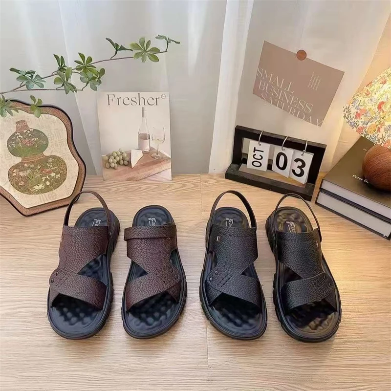 夏季外穿防滑耐磨男士真皮沙滩鞋软底休闲两穿凉拖鞋Z1451-888