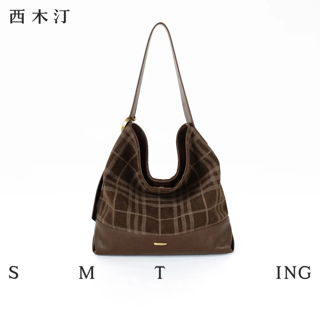 【西木汀】 新款格纹水桶包通勤包小众单肩斜挎包大容量秋冬女士包