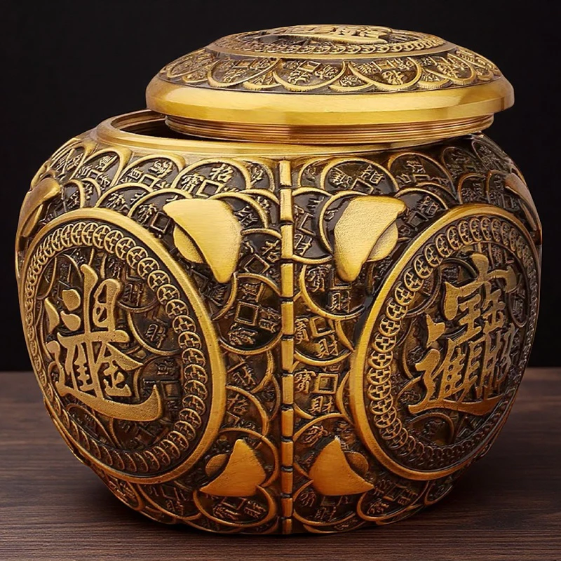 高档精雕黄铜茶叶罐大号储存罐纯铜家用浮雕高颜值元宝创意储蓄罐