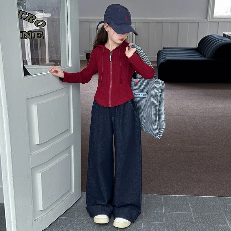 毛衣女款2025新款春装女大童春秋红色上衣针织衫套装女童早春外套