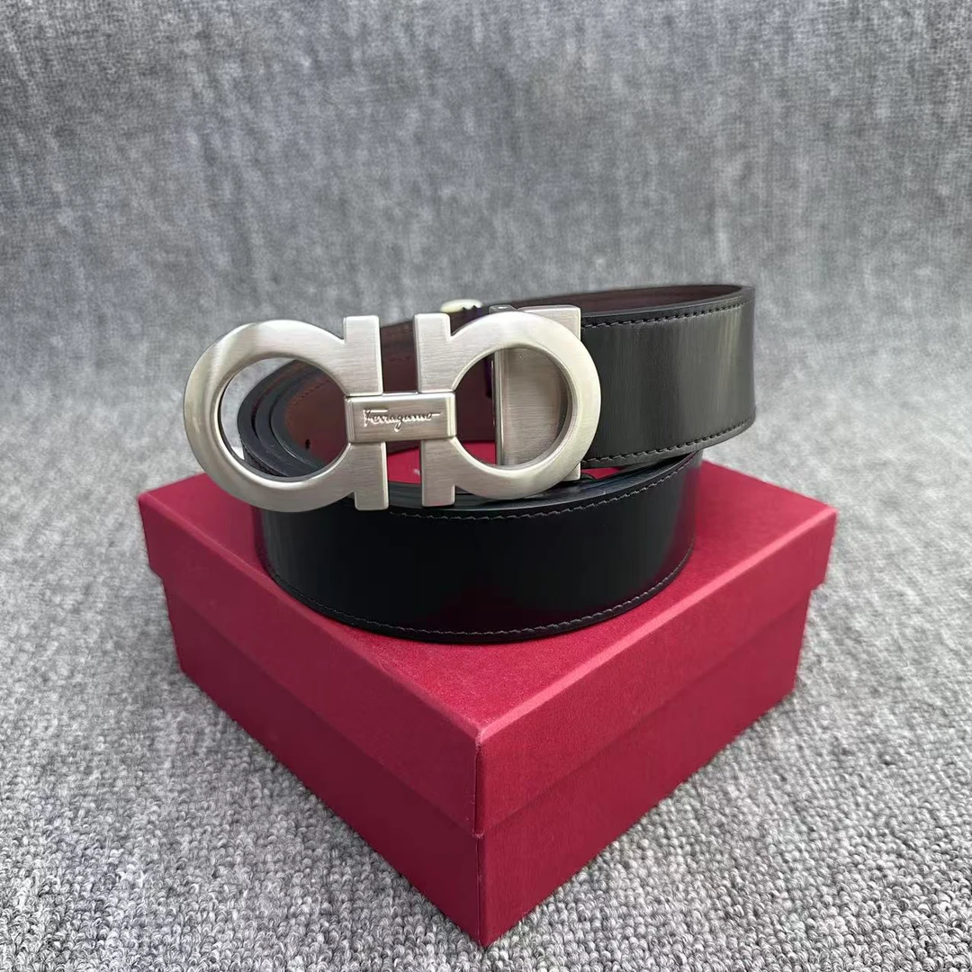 99新 FERRAGAMO/菲拉格慕 拉丝银色扣头 双面黑棕光面腰带 3.5宽