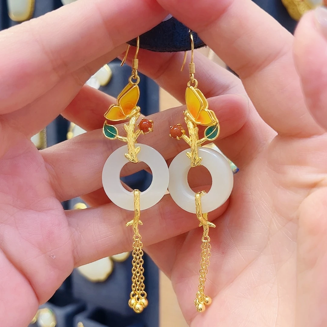 和田玉银S925镀金镶嵌耳饰