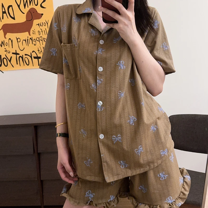 韩国卡通蝴蝶结网眼提花棉睡衣女ins夏季短袖短裤薄款家居服套装