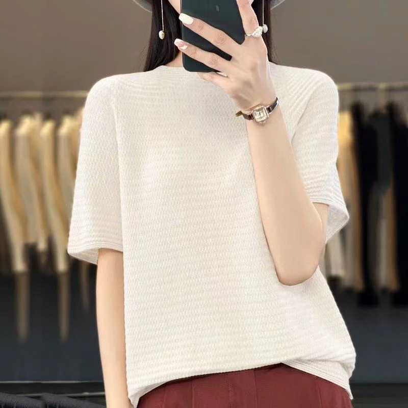 女士褶皱圆领短袖