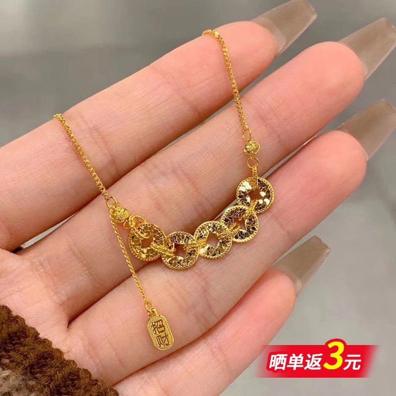 坠链均925银 碎冰冰铜钱项链女镀24k金色五福通宝新中式锁骨链潮j