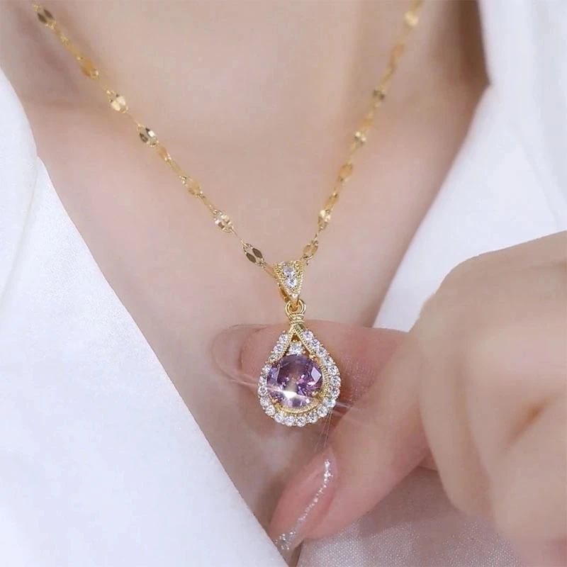 【双11惊喜好礼】紫色水滴吊坠项链简约轻奢气质时尚百搭满钻奢华