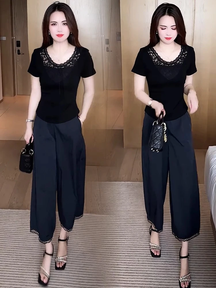 时尚套装女夏季新款洋气显瘦蕾丝拼接短袖上衣八分阔腿裤两件套潮