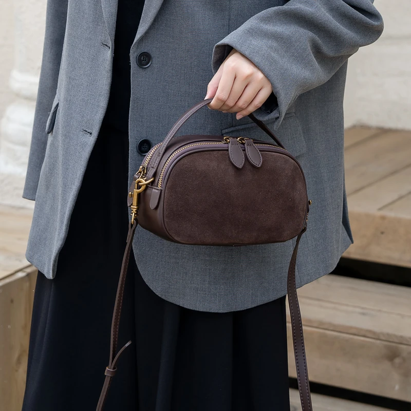 2025秋冬新款真皮斜挎手提小包包磨砂牛皮双拉链单肩手机零钱包女