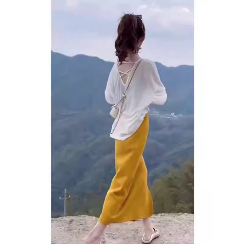 白色宽松微透网纱防晒衣女夏季新款薄款罩衫露背镂空长袖T恤上衣