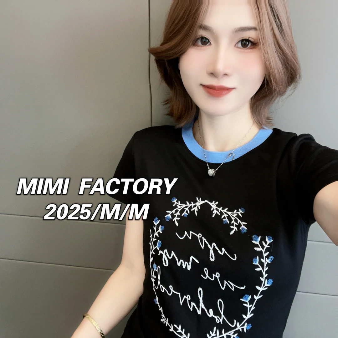 芈芈 2025新款短袖 刺绣撞色小花短袖T恤女修身显瘦上衣2506#