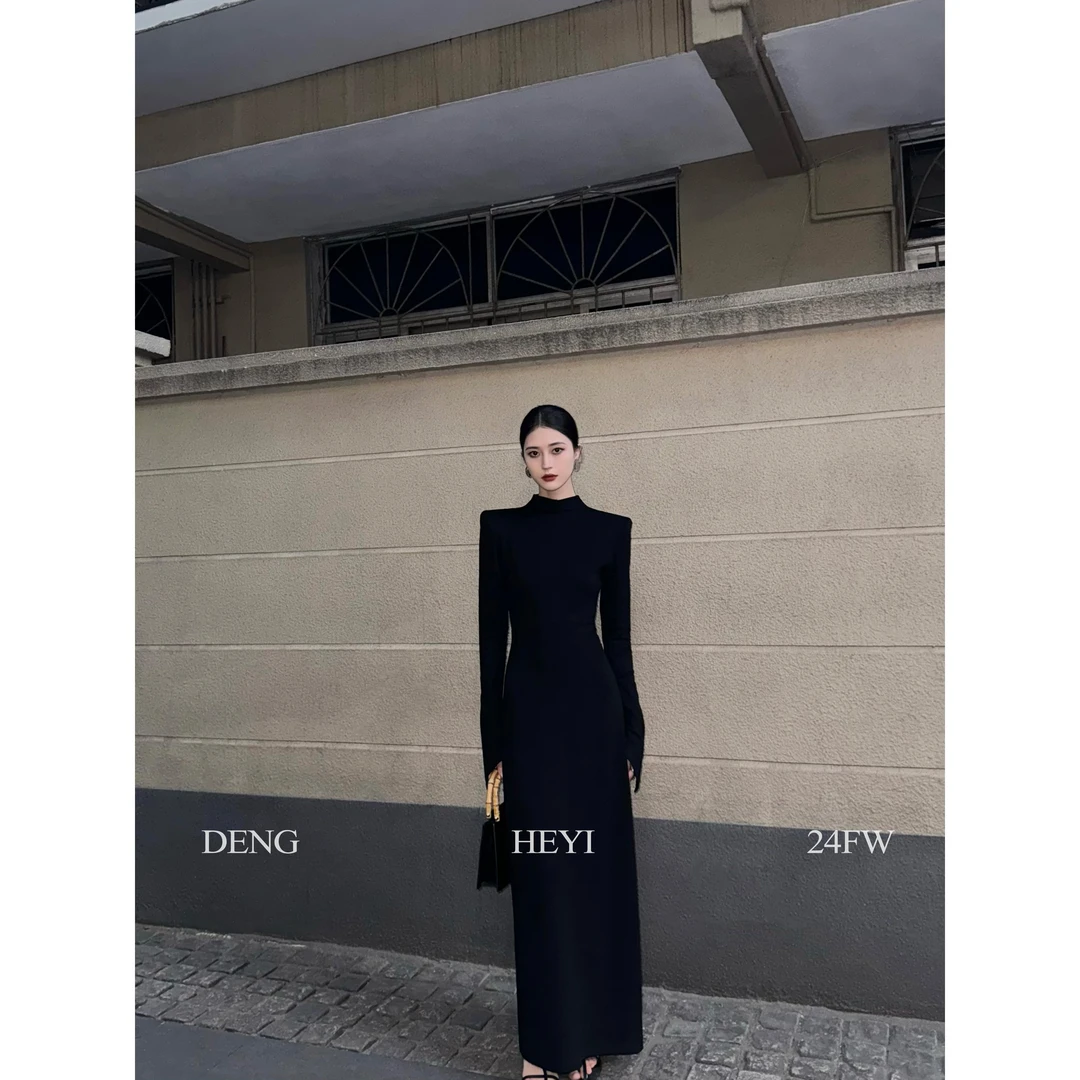 HEYI【夜幕之下】极简设计秋冬黑色直角肩高级气质显瘦长袖连衣裙