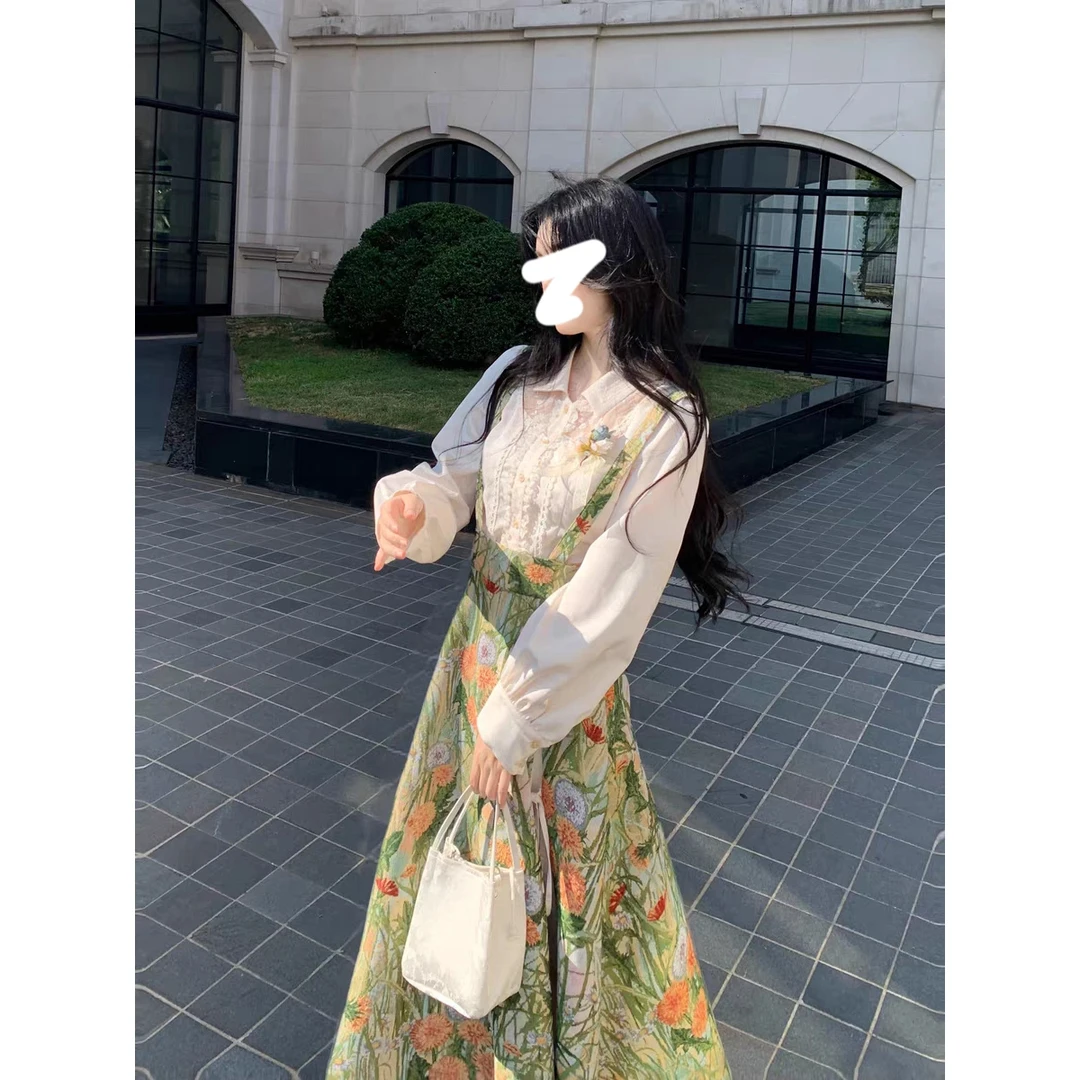 梦境边缘 油画氛围感法式重工复古高腰显瘦背带长裙秋季套装