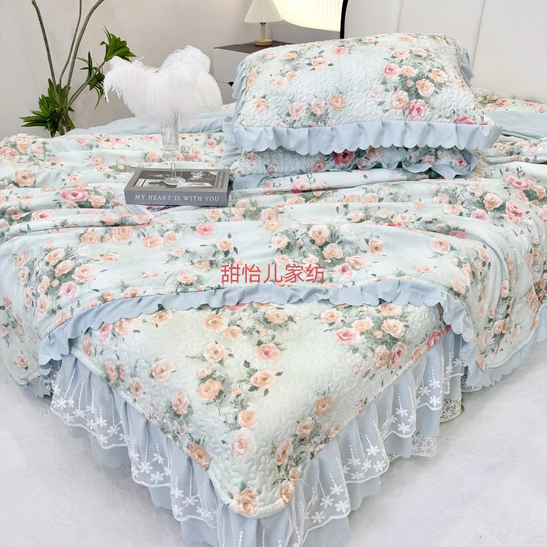 四季新款磨毛棉绗绣蕾丝花边床盖款夏被款四件套 SJ