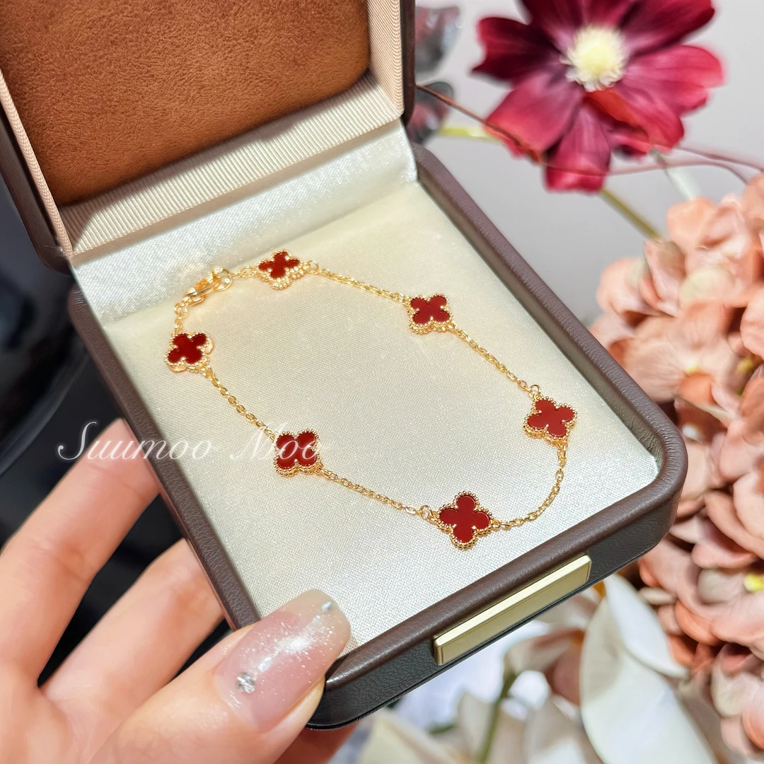 925银手链 轻奢时尚红色花朵手链 925通体银