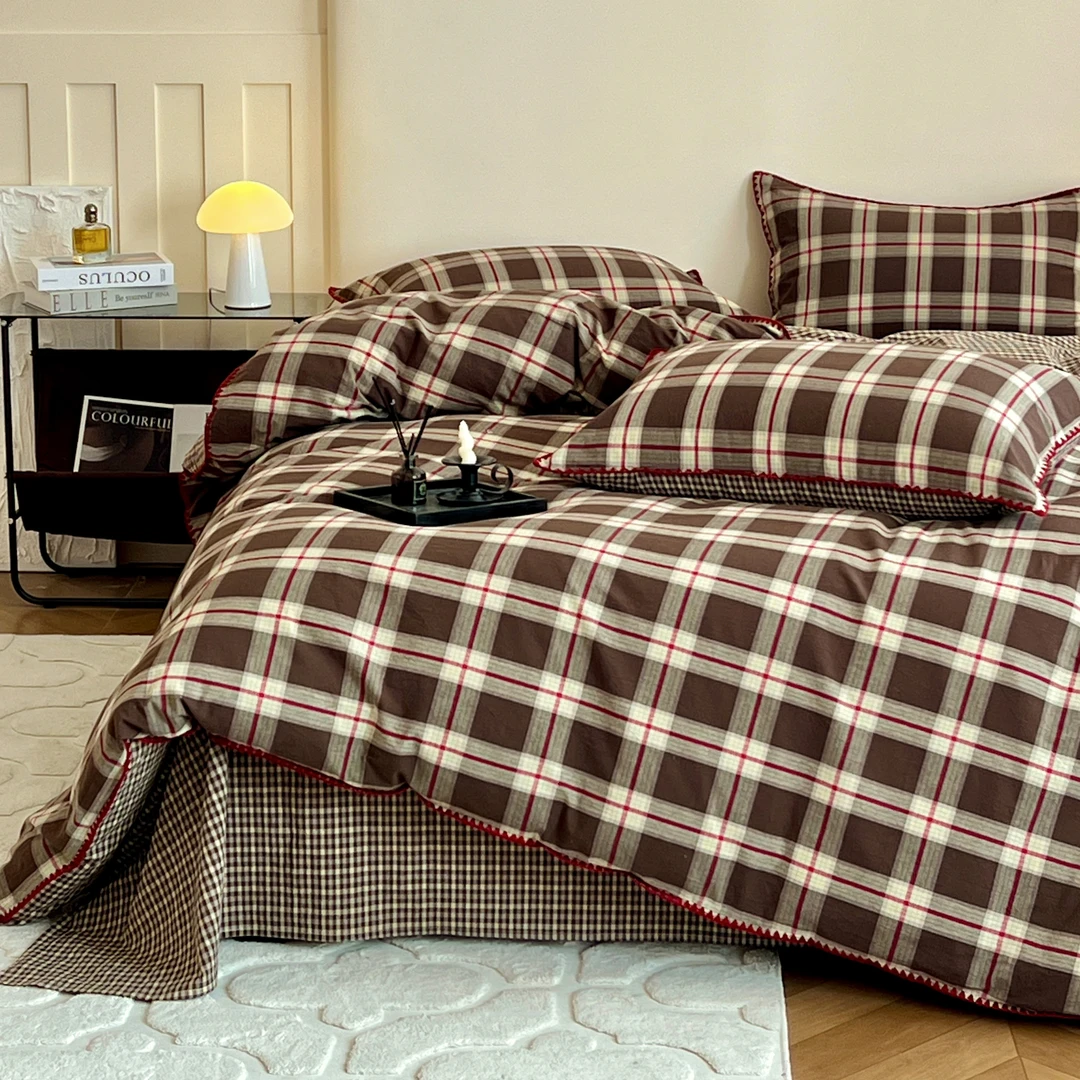 清！小玲子 北欧-咖格 全棉纯棉水洗棉贝壳边 三件套四件套