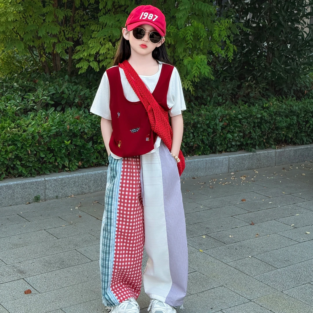 女童夏装2025新款韩系中大童时尚假两件短袖彩色条纹阔腿裤套装潮