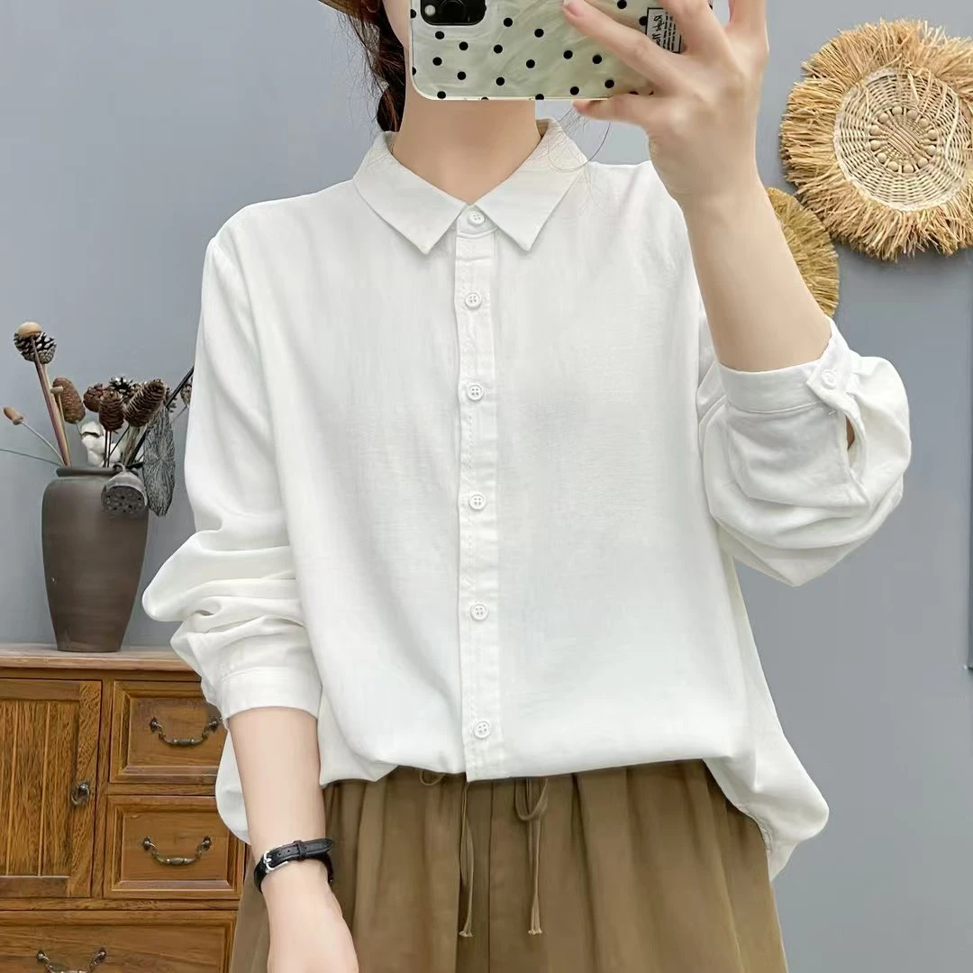 纯棉光板衬衫时尚休闲百搭纯色净面衬衣女春秋简约翻领打底衫