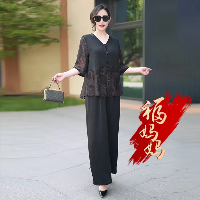 H夏季经典2025原创大码贵夫人气质套装宽松显瘦减龄洋气真丝套