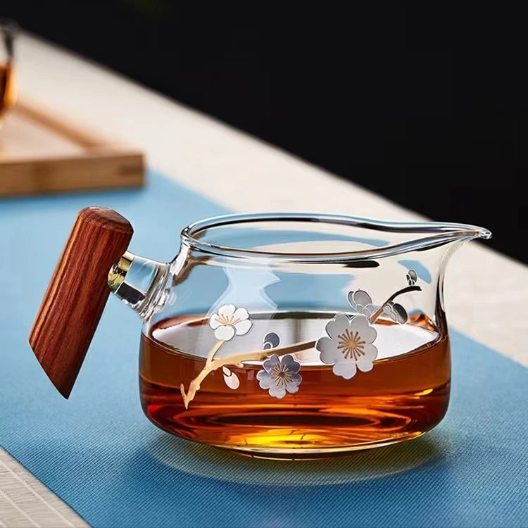 耐热玻璃公道杯木雀公杯木把茶具分茶器侧把公杯茶壶茶具飘逸杯