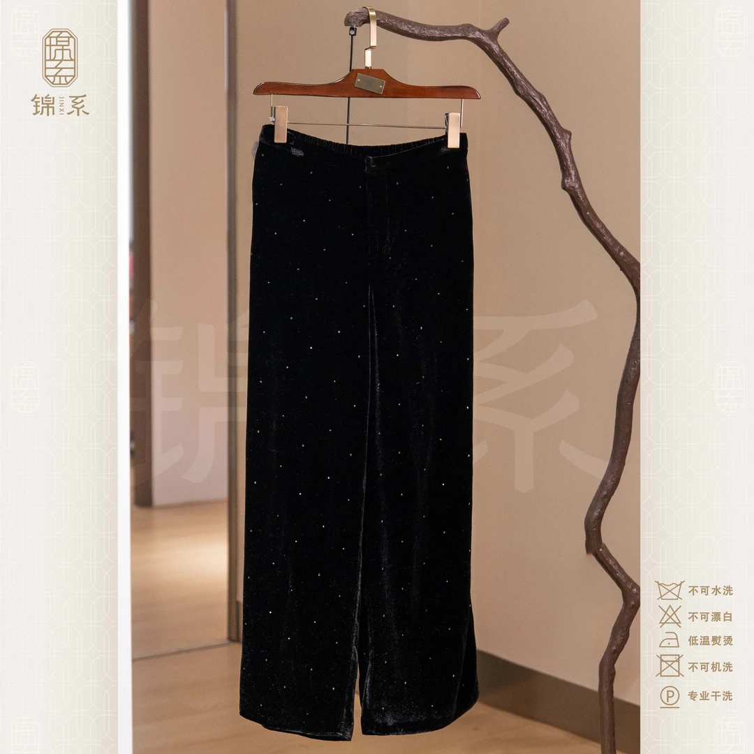 【锦系】真丝丝绒新中式国风桑蚕丝烫钻后松紧腰阔腿裤K-383217