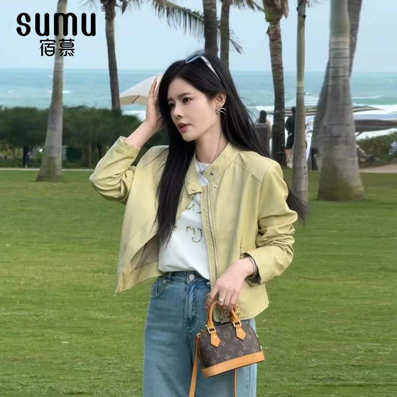 宿慕SUMU女款小立领皮衣外套2025新款时尚外套衣服小雨女装M000AV