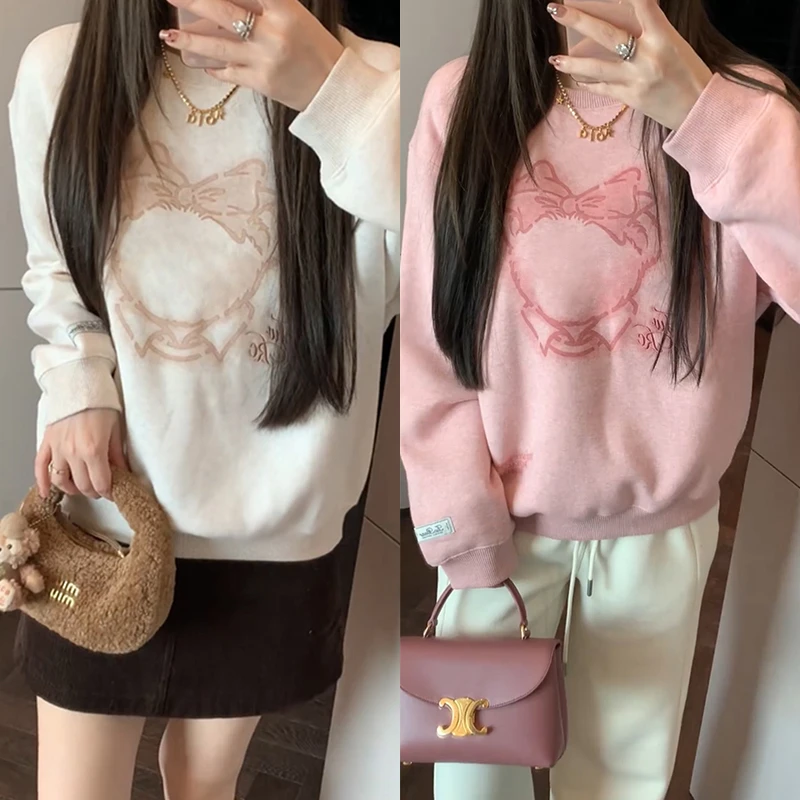 【mimius】喵喵 蝴蝶结小熊简笔画圆领加绒卫衣 F11074