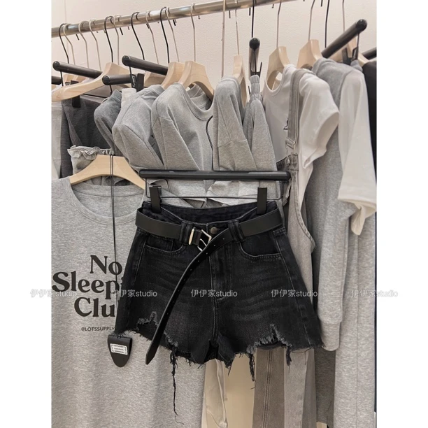 no退换【破洞短裤】夏季新款黑色高腰牛仔破洞短裤 配腰带！