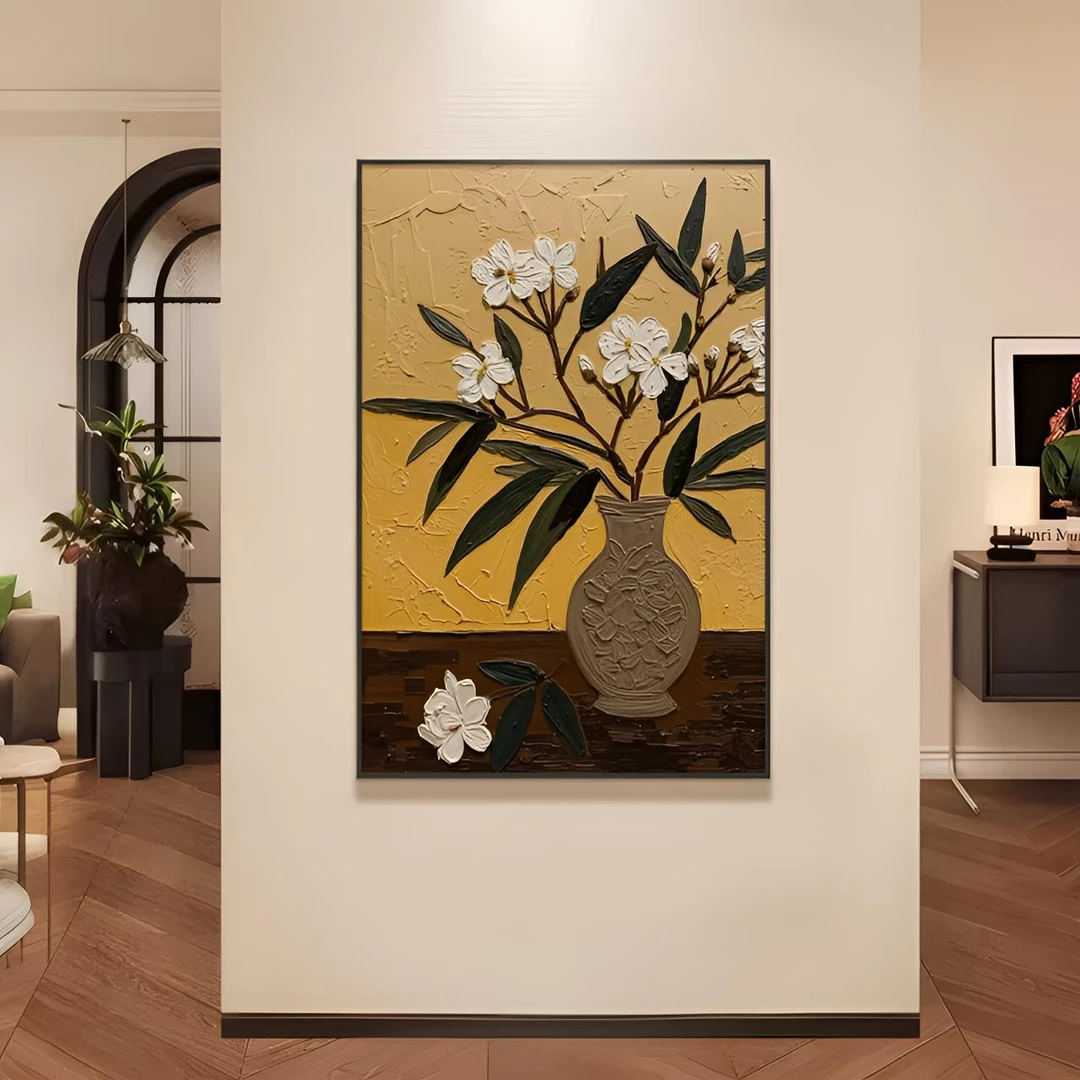 砂岩肌理中古风入户玄关客厅装饰画新中式兰花植物抽象壁画