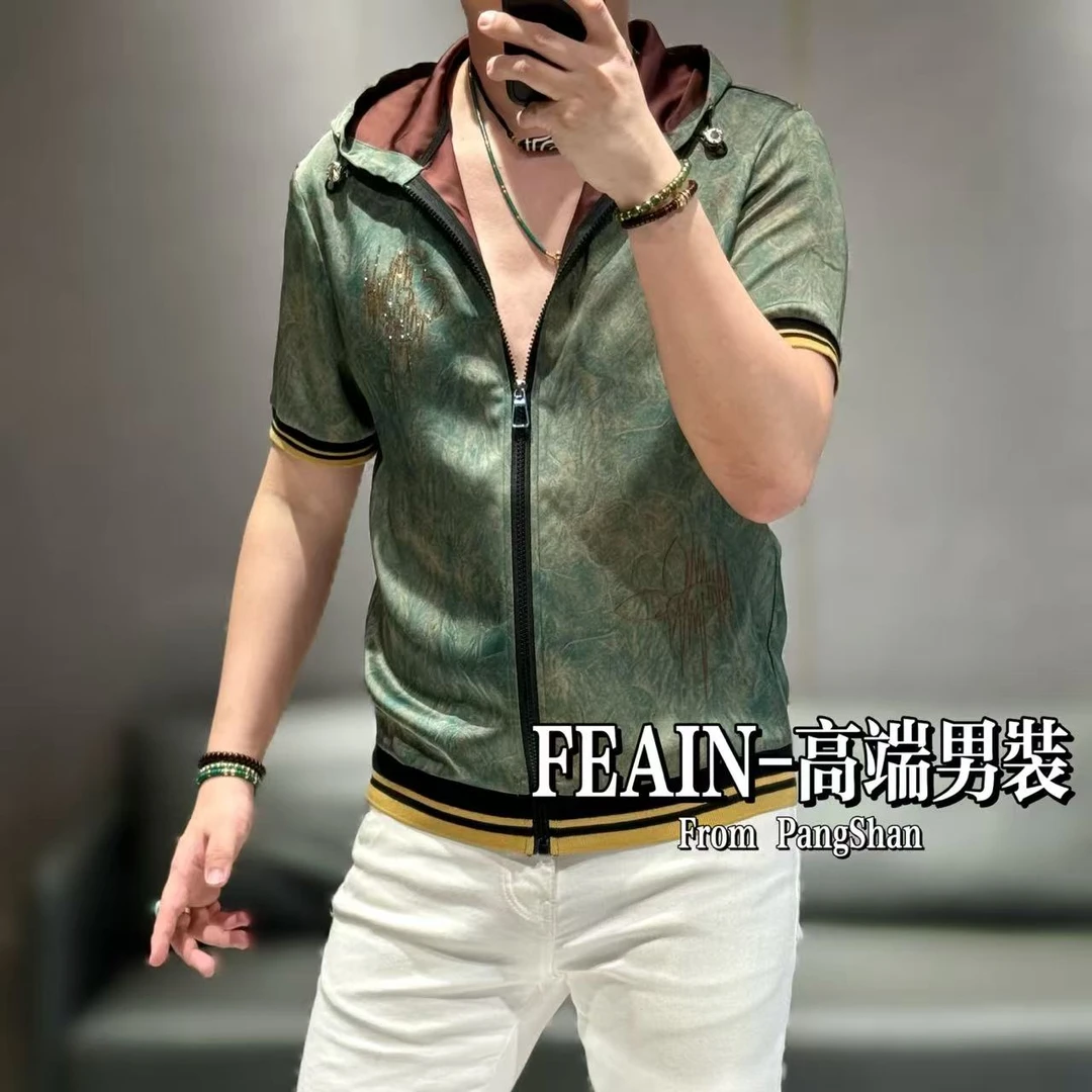 高端定制进口丝柔贡缎奥钻四叶草男士拉链夹克5255