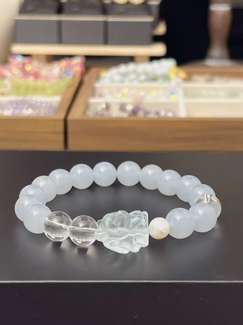 天然海蓝宝玉石手串九尾狐设计时尚百搭玉髓手链精致饰品