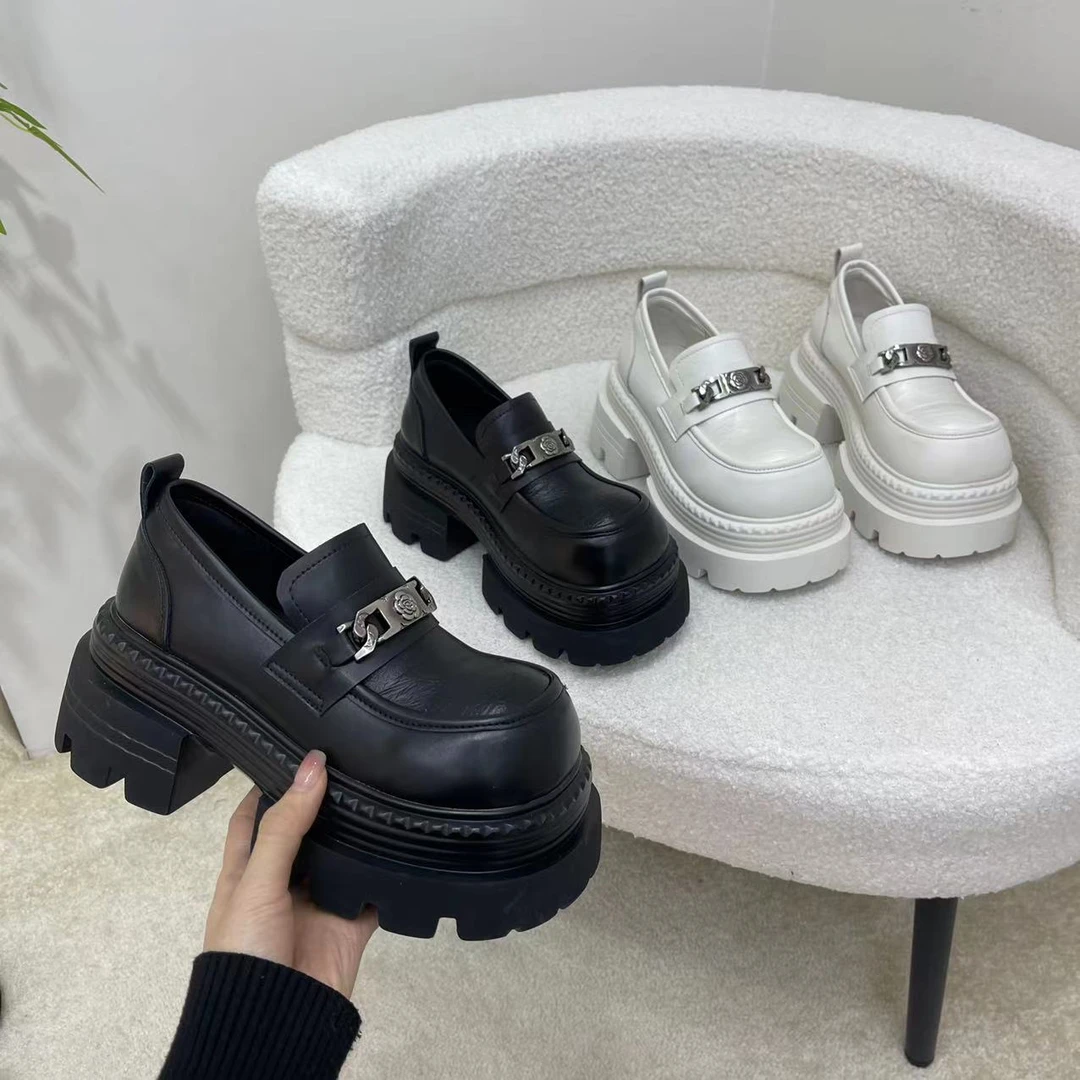 2025春季爆款石头纹卡子单鞋时尚百搭春季厚底松糕鞋系带白鞋圆头