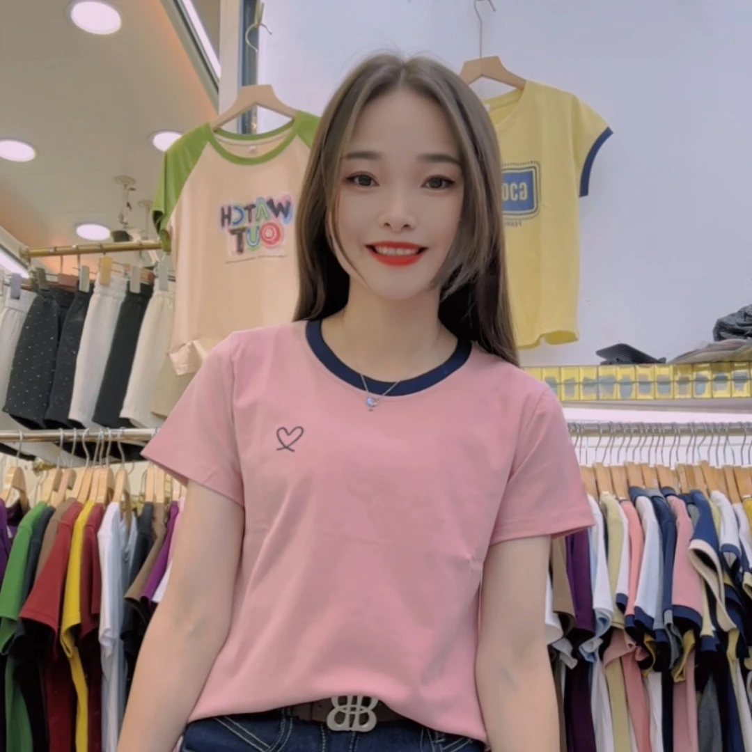 新款爱心字绣袖边有图螺纹棉上衣好穿百搭