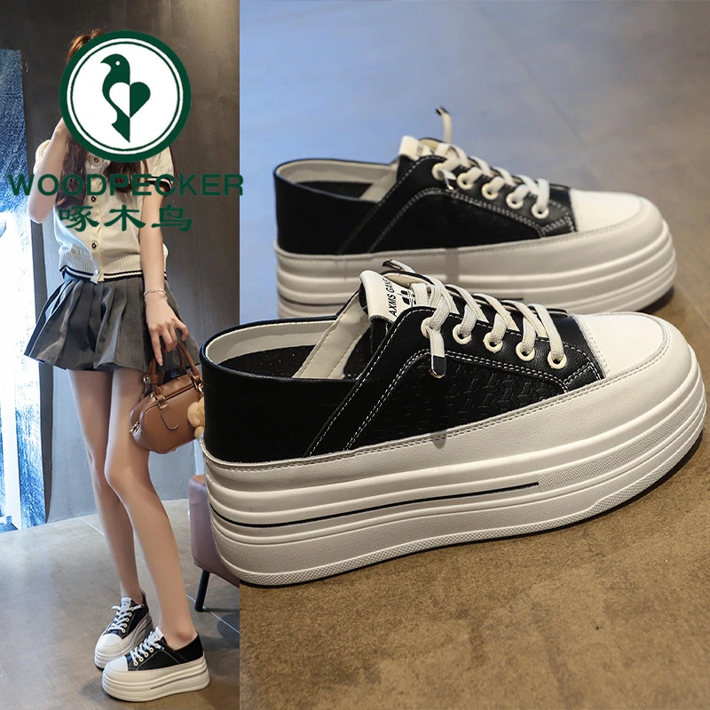 啄木鸟小个子内增高小白鞋两穿免系带2025新款爆款百搭学生厚底鞋