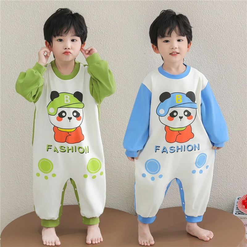 男童睡衣纯棉连体衣春秋季2025新款秋男孩宝宝护肚睡袋爬服家居服