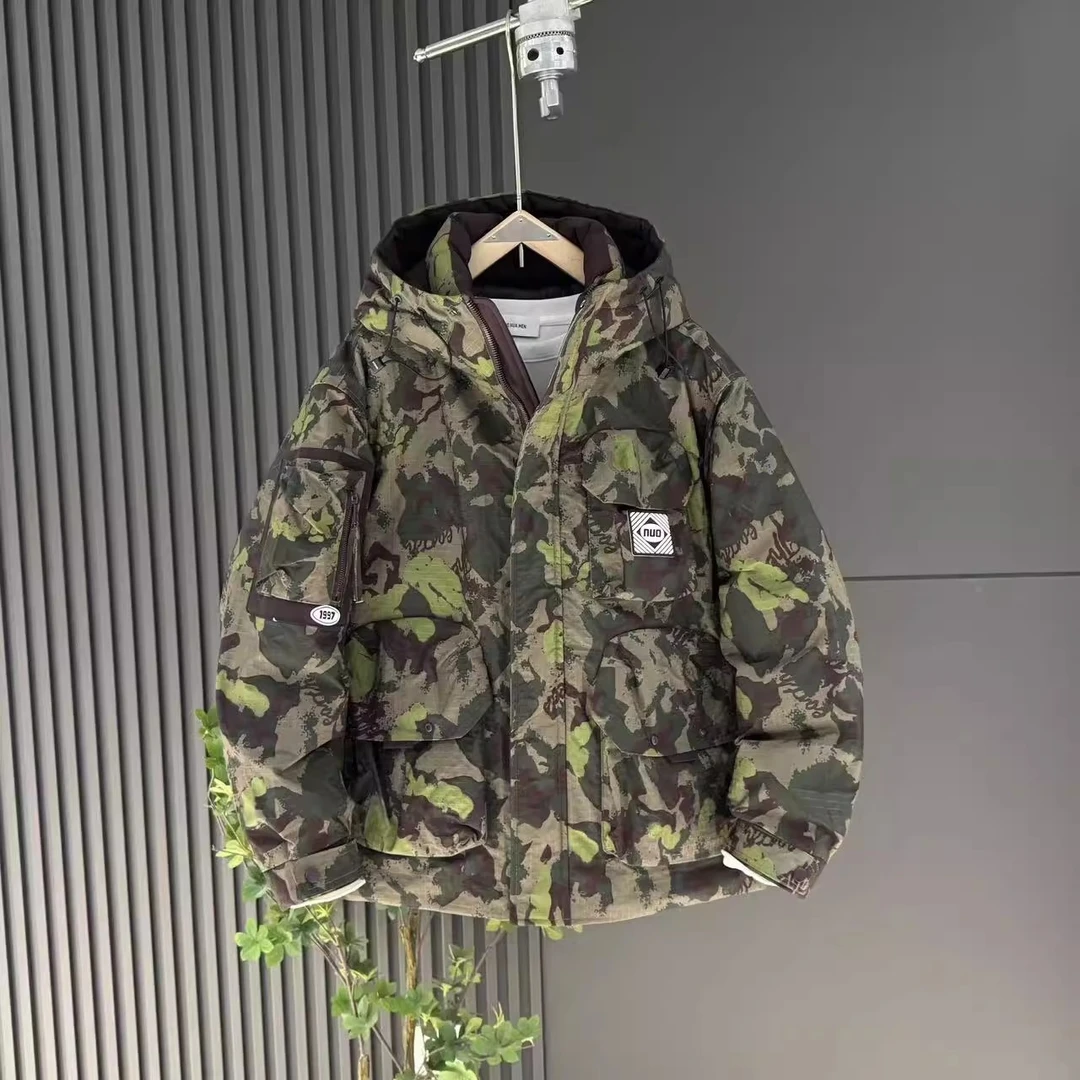 O.U.W迷彩连帽羽绒服男装冬季工装多口袋加厚冲锋衣保暖休闲外套