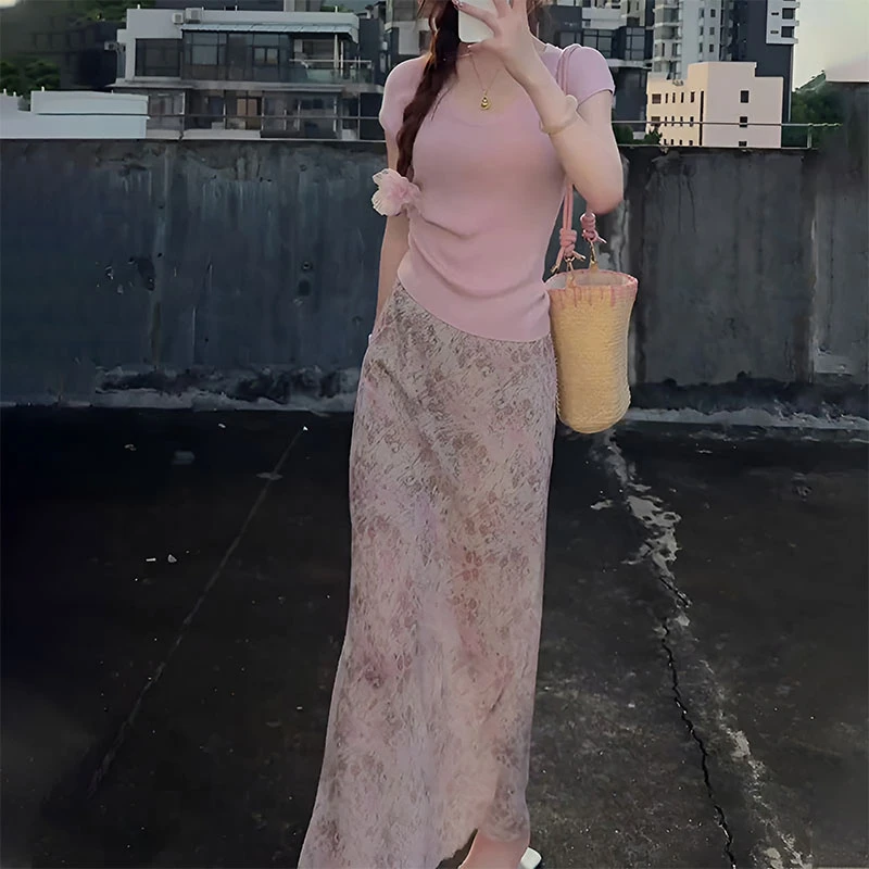 甜美气质短袖修身包臀印花半身裙套装女2025新款夏季轻奢两件套女