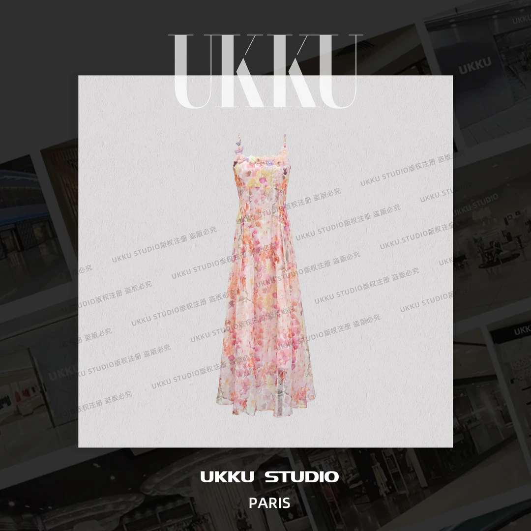 YT【UKKU STUDIO】夏季时尚设计碎花在逃公主收腰吊带连衣裙914246