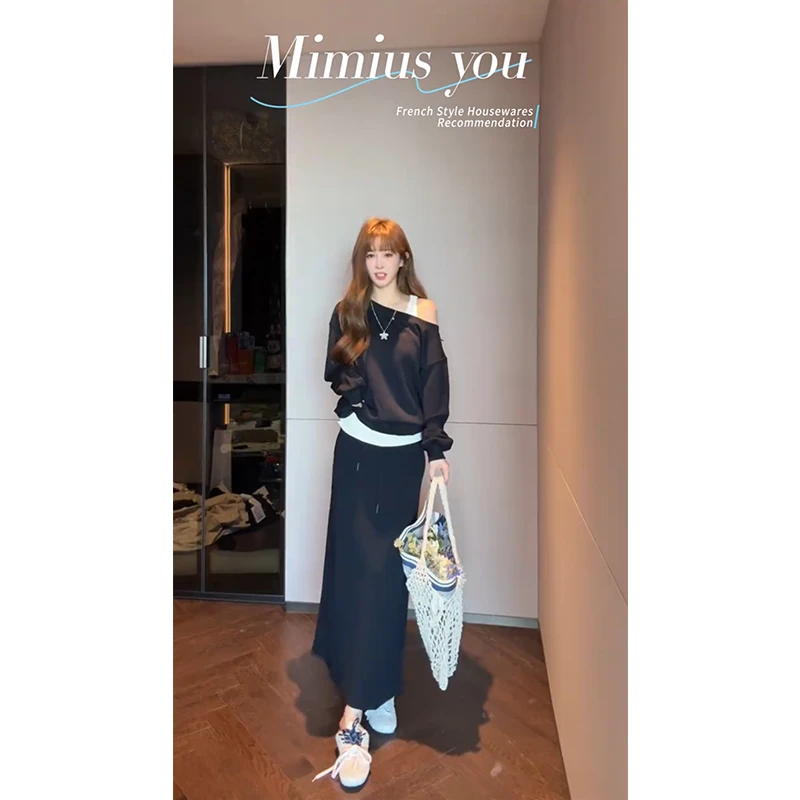 【mimius】P 超柔松弛空气感假两件斜肩挂脖上衣+半裙 G08247